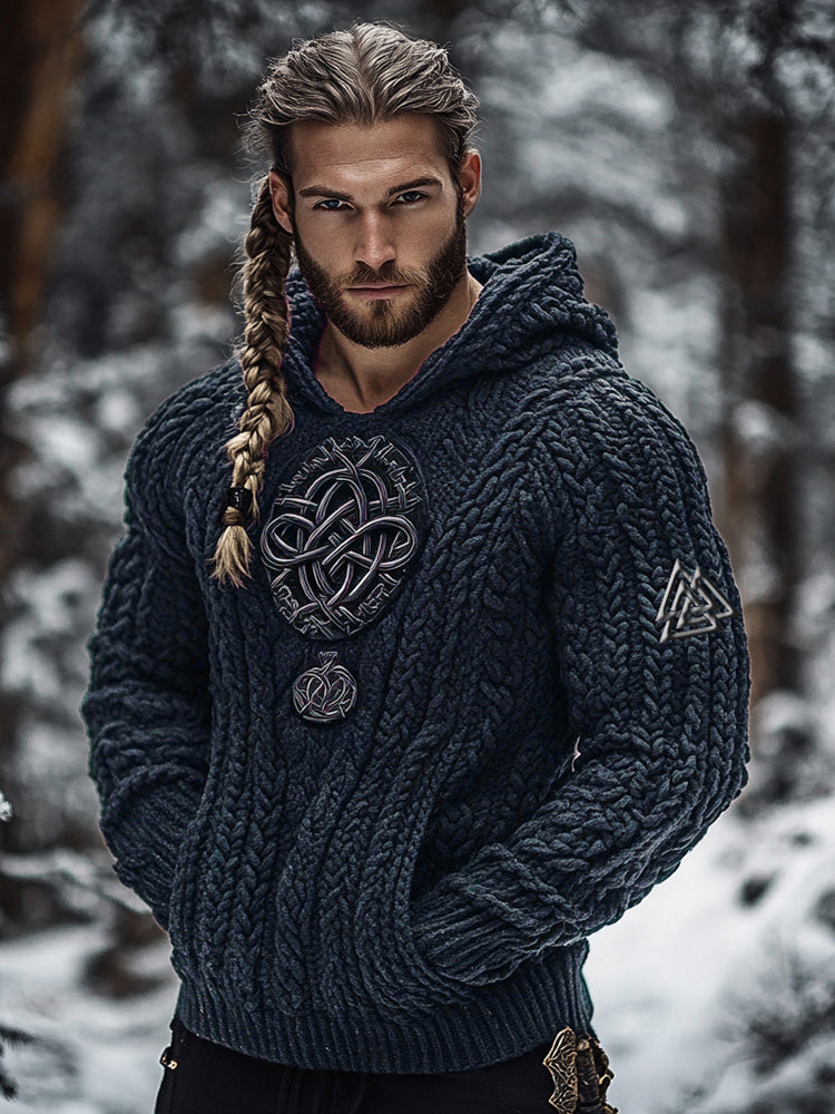 Men's Viking Tribal Jacquard Celtic Inspired Chunky Knit Hooded Sweater artswardrobe