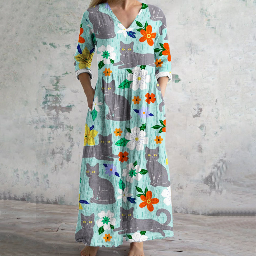 Summer Floral & Cat Print Women's Linen Maxi Dress elevenforest