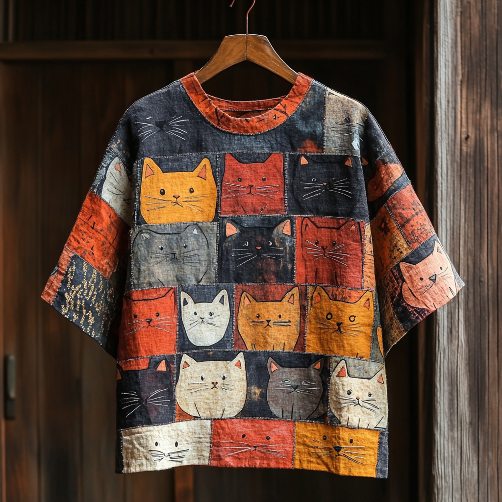 Comstylish Women's Pop Art Cat Expression Contrast Patchwork T-shirt