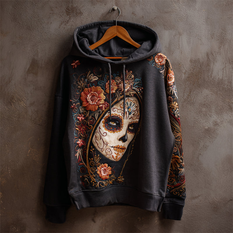 Comstylish Day Of The Dead Sugar Skull Woman Floral Embroidered Hoodie