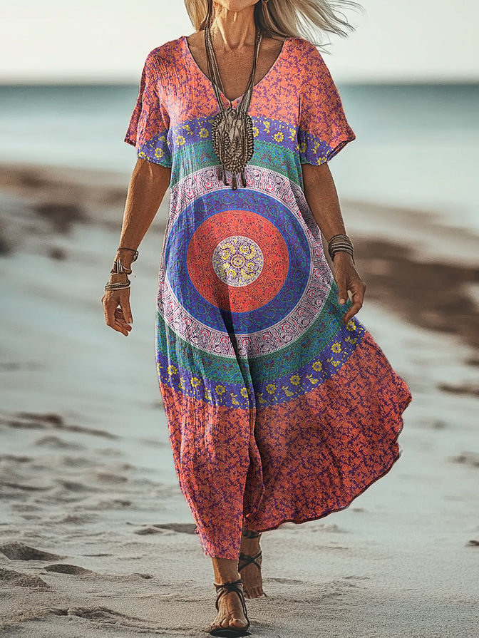 Women's Vintage Ethnic Floral Art Print Pocket Cotton Dress