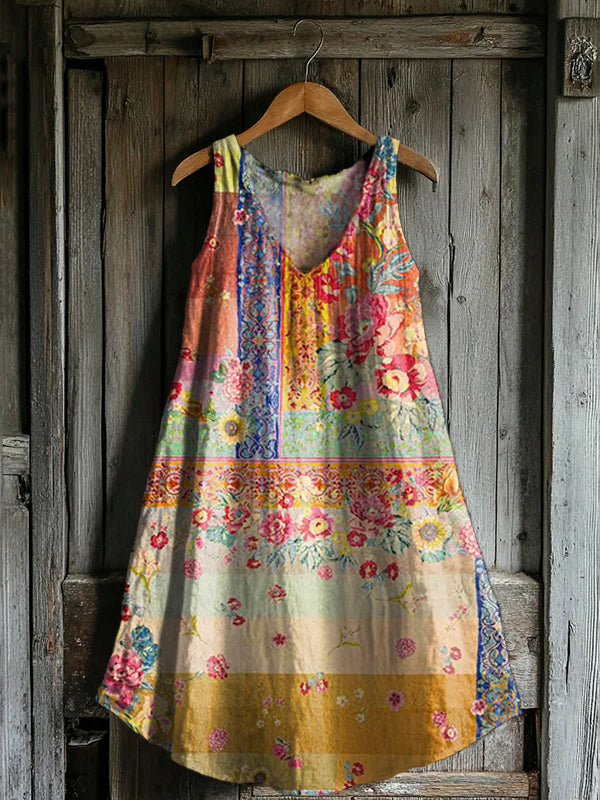 Women's Floral Patchwork Pattern Art Print V-Neck Pocket Cotton Dress