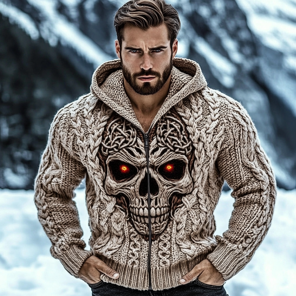 Men's Vintage Viking Skull Cable Jacquard Knit Zip-up Hooded Sweater artswardrobe