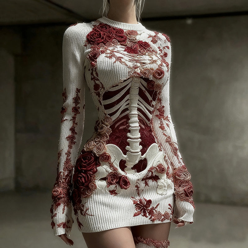 Comstylish Women's Red Rose Skeleton Art Cozy Knit Mini Sweater Dress