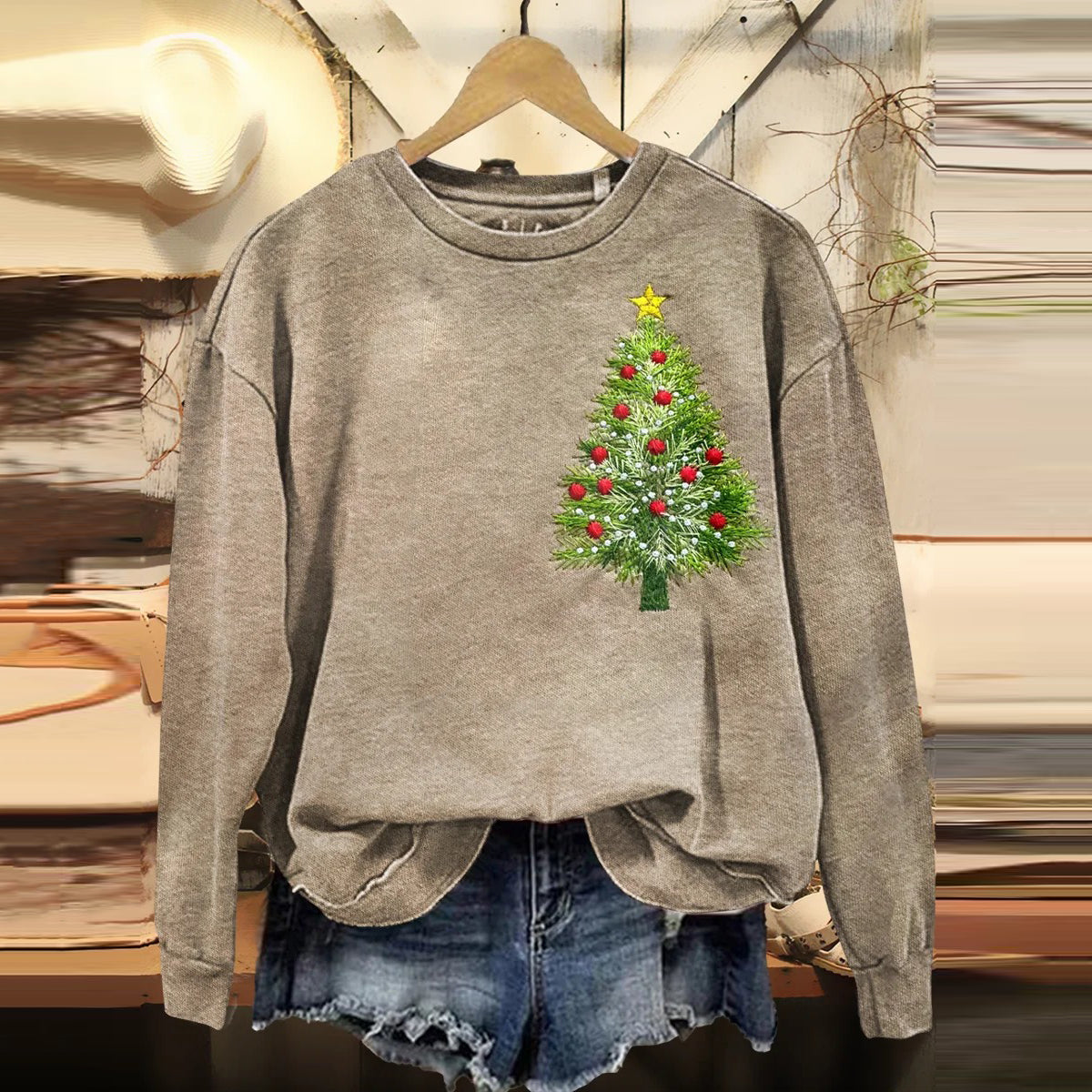Comstylish Christmas Tree Art Pattern Casual Warm Crew Neck Sweatshirt