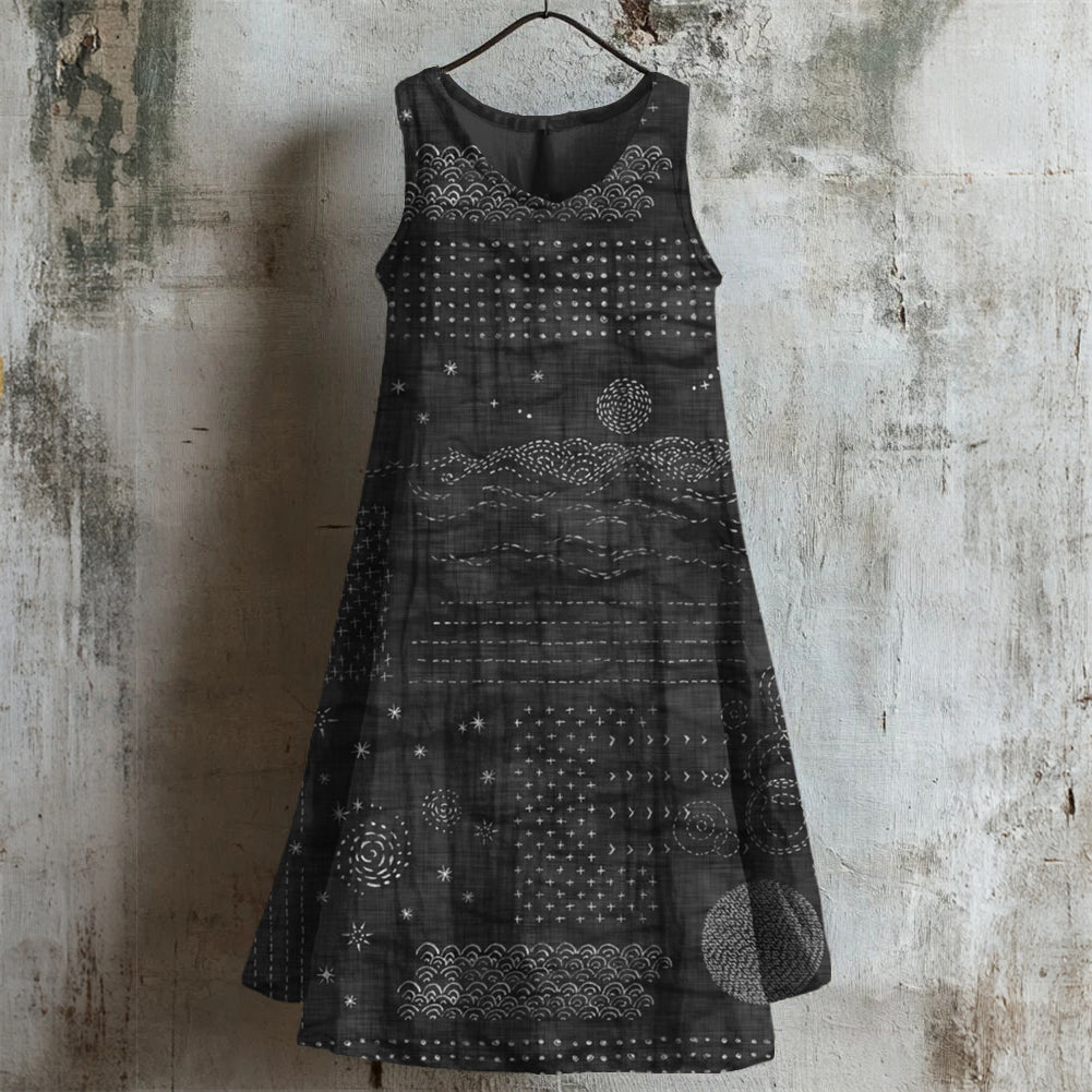 Comstylish Vintage Japanese Sashiko Art Linen Linen Midi Dress