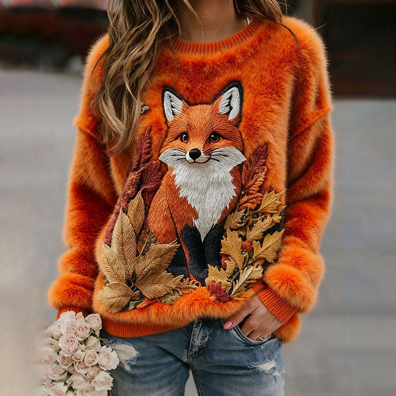 Comstylish Vintage Fall Fox Autumn Art Women's Cozy Plush Sweater
