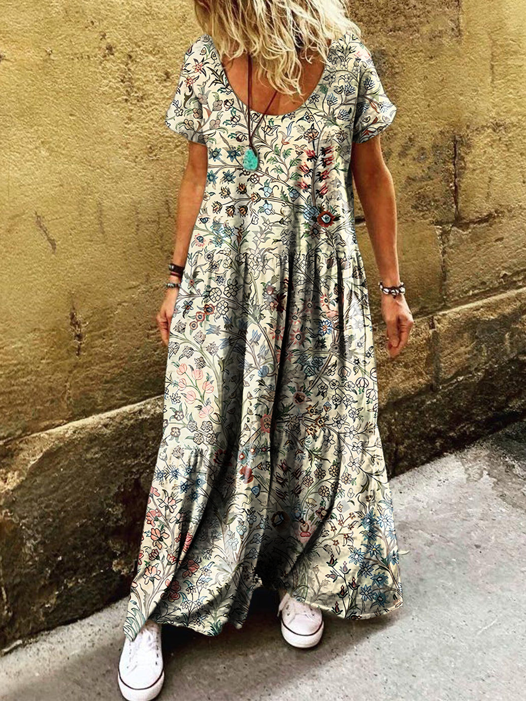 Women's Vintage Floral Art Print Pocket Short Sleeve Cotton Dress