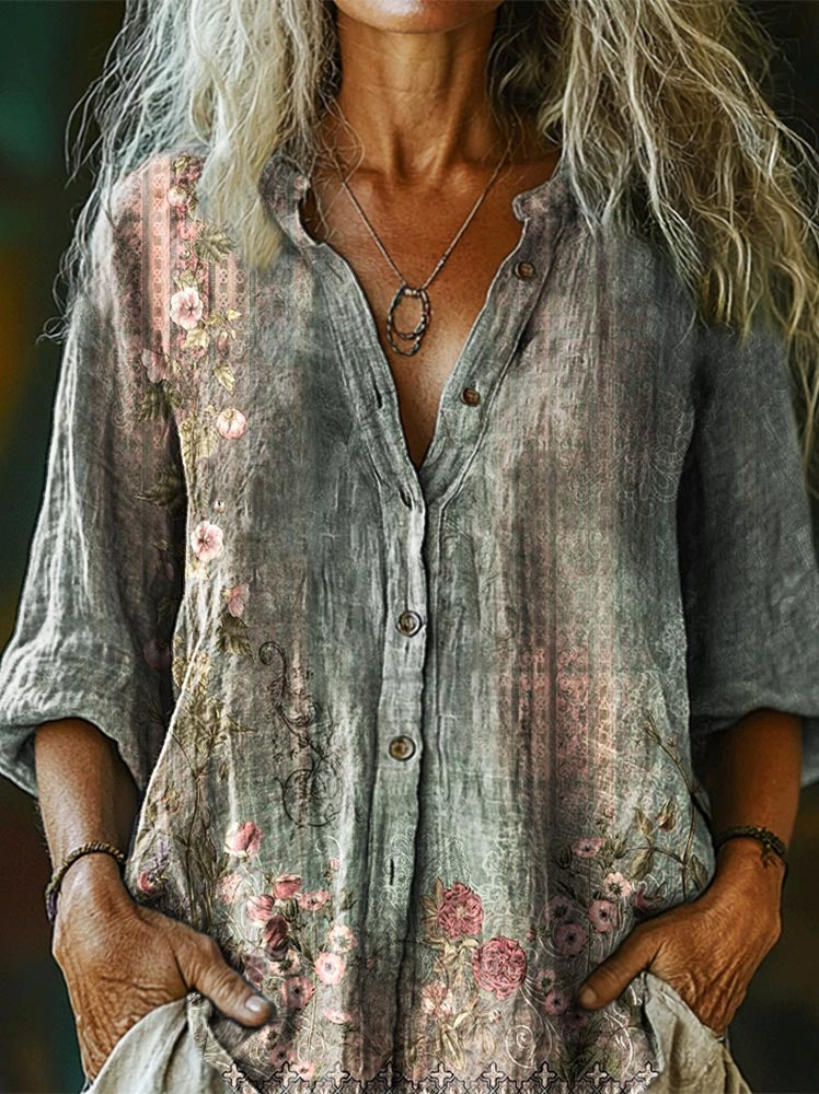 Women's Vintage Ethnic Floral Print Casual Cotton Linen Shirt