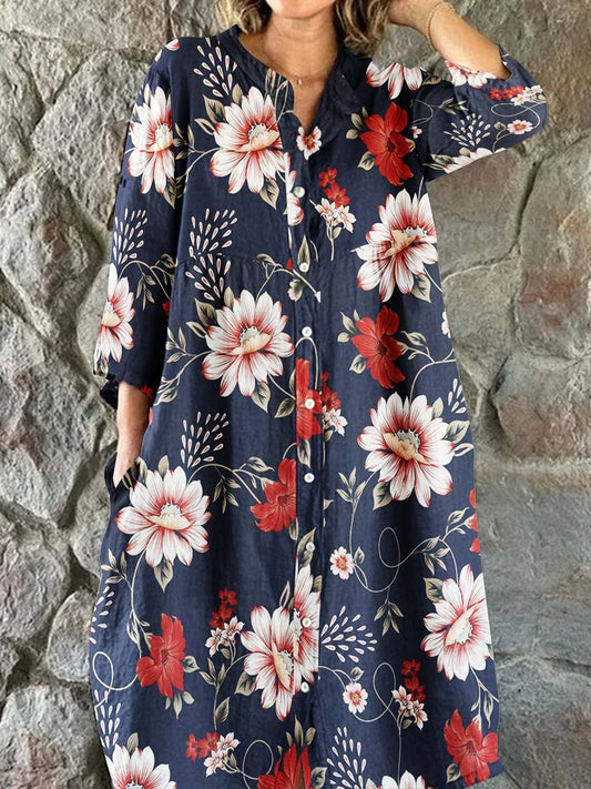 Women's Elegant Vintage Floral Print Shirt Style Cotton and Linen Dres