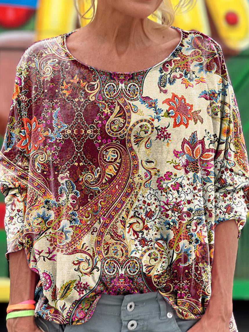 Women's Vintage Ethnic Floral Art Print Casual Long Sleeve T-shirt