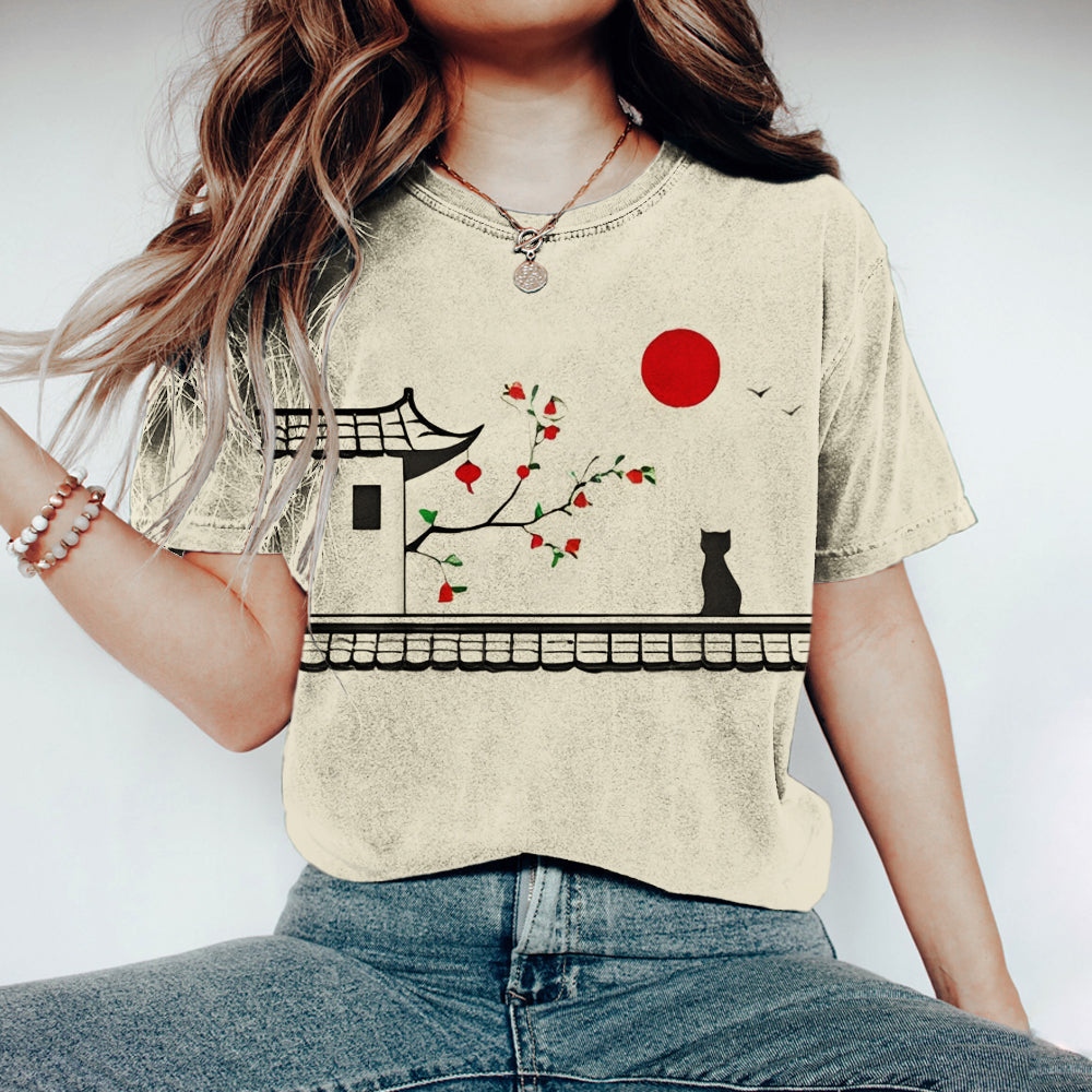 Comstylish Japanese Cat Floral Print Vintage Women's T-shirt