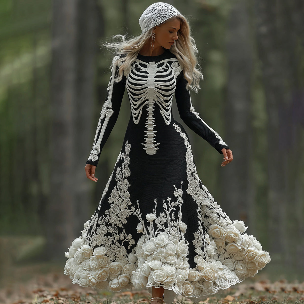 Comstylish Women's Halloween Skeleton Bones With Rose Art Cozy Knitted Warm Long Sleeve Maxi Dress