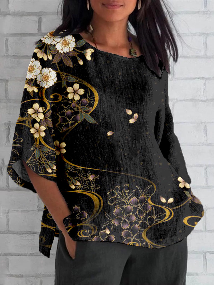 Comstylish Japanese Cherry Blossoms Linen Blend Cozy Tunic