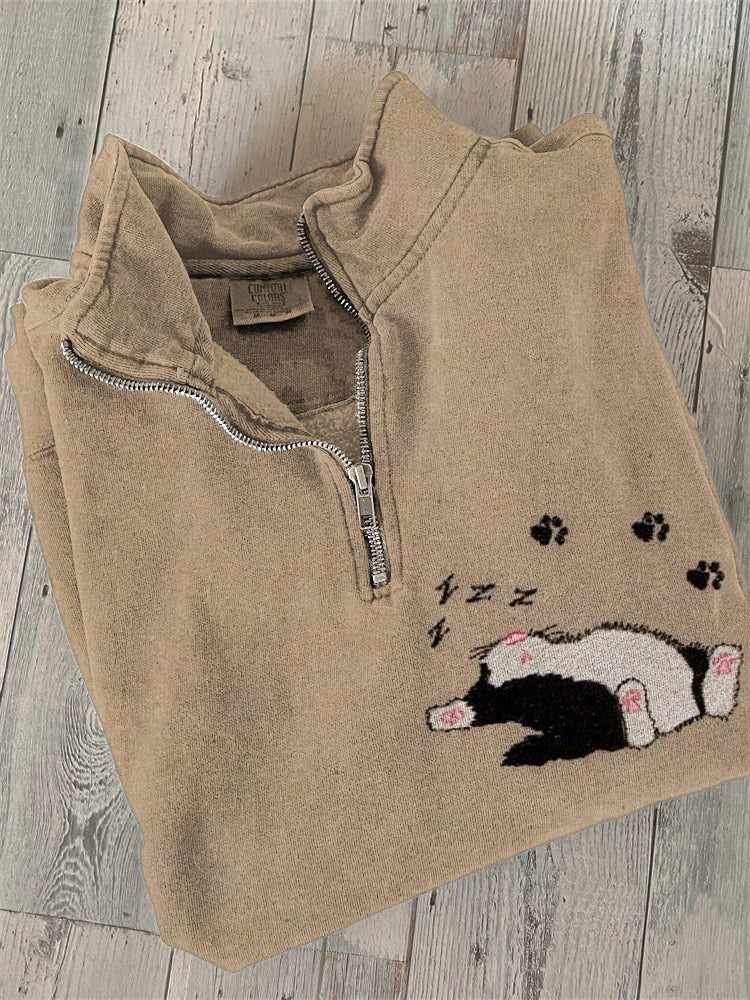 Sleeping Cat Embroidered Text Print Zipper Casual Sweatshirt elevenforest