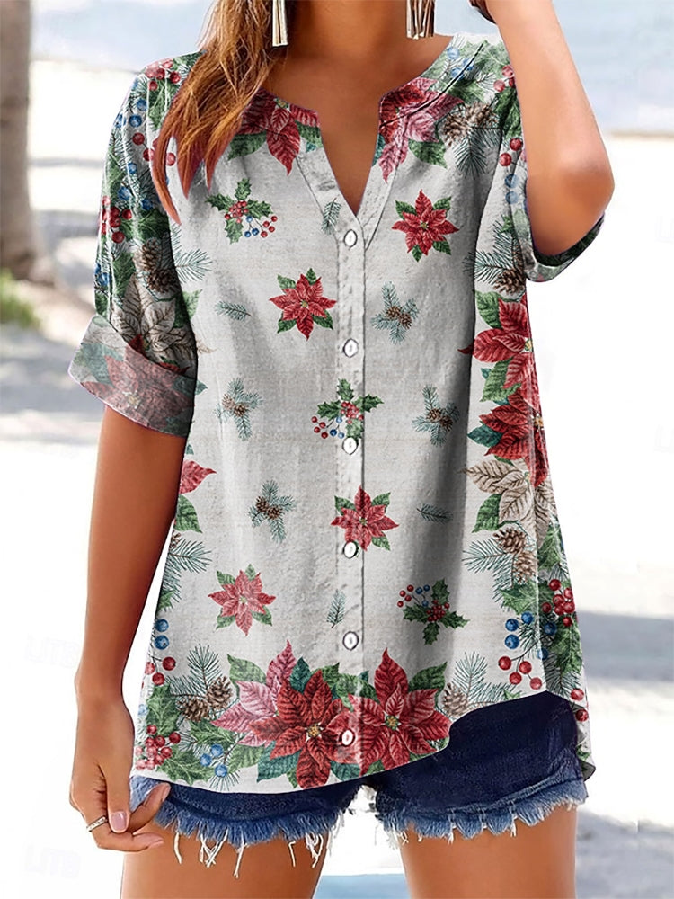 Women's Floral Pattern Art Print Cotton Linen Casual Shirt