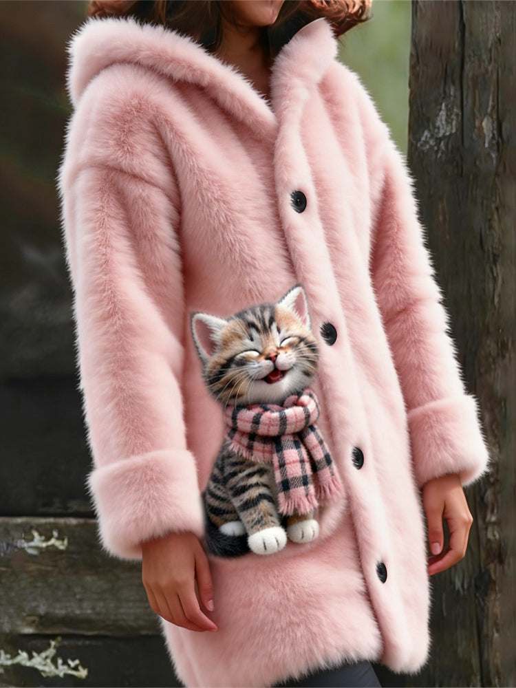 Comstylish Laughing Cat Design Women's Soft Hooded Plush Cardigan