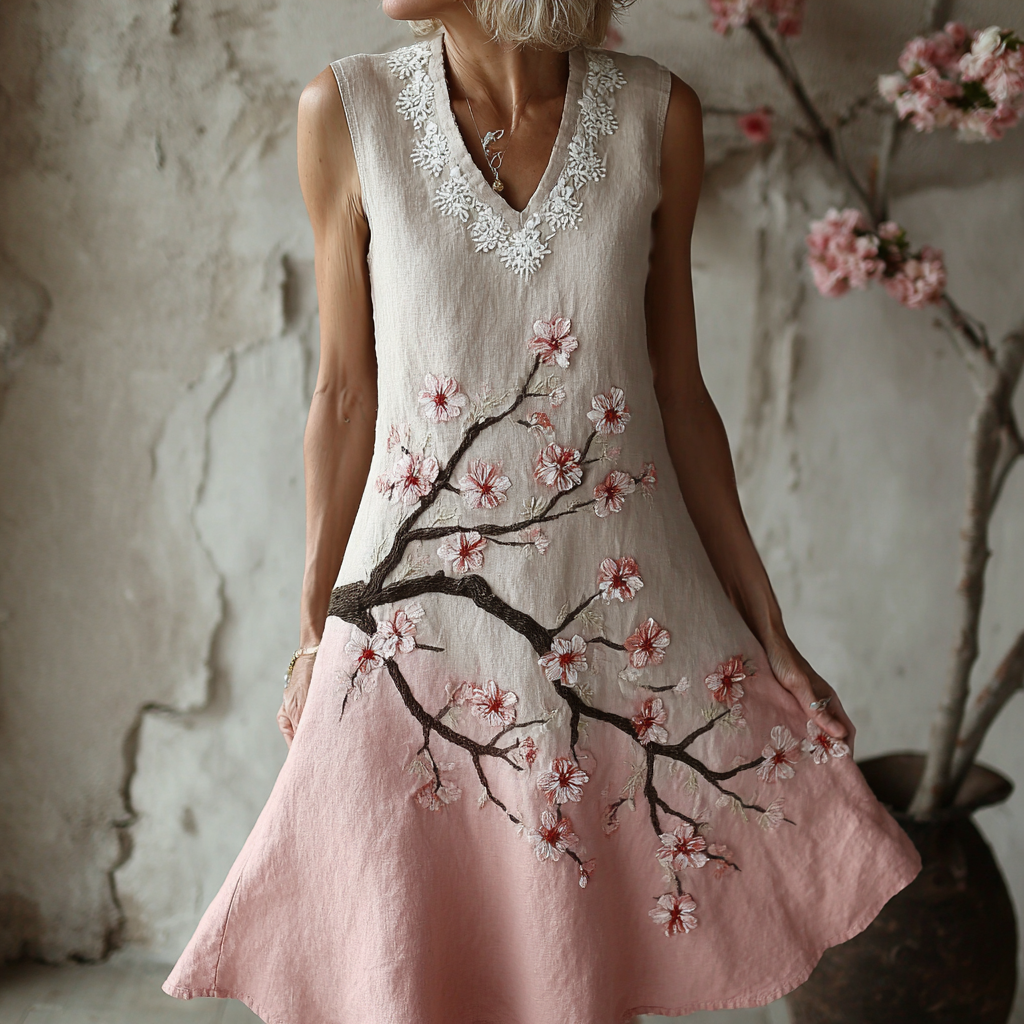 Women's Japanese Sakura Embroidered Art Print V Neck Sleeveless Mini Dress artswardrobe