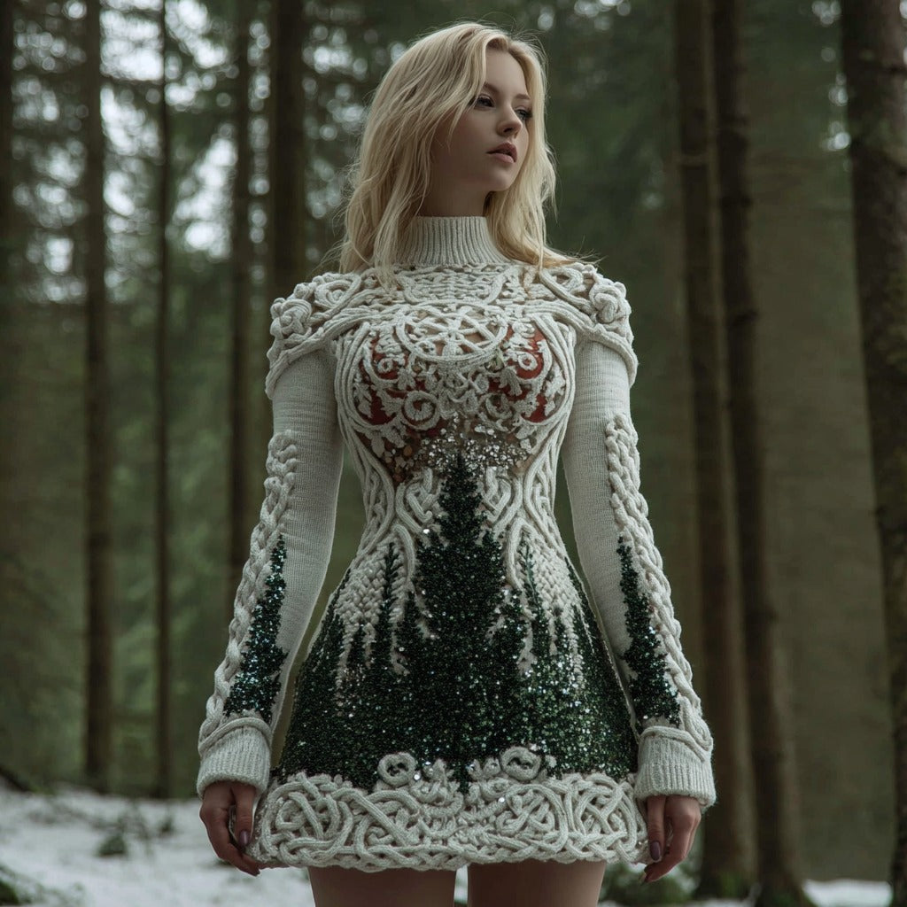 Comstylish Women's Christmas Tree Forest Celtic Knot Sequins Knit Turtleneck Mini Sweater Dress