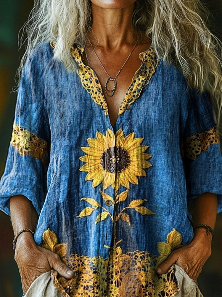 Women's Ethnic Sunflower Tattoo Pattern Art Print Linen Cotton Casual