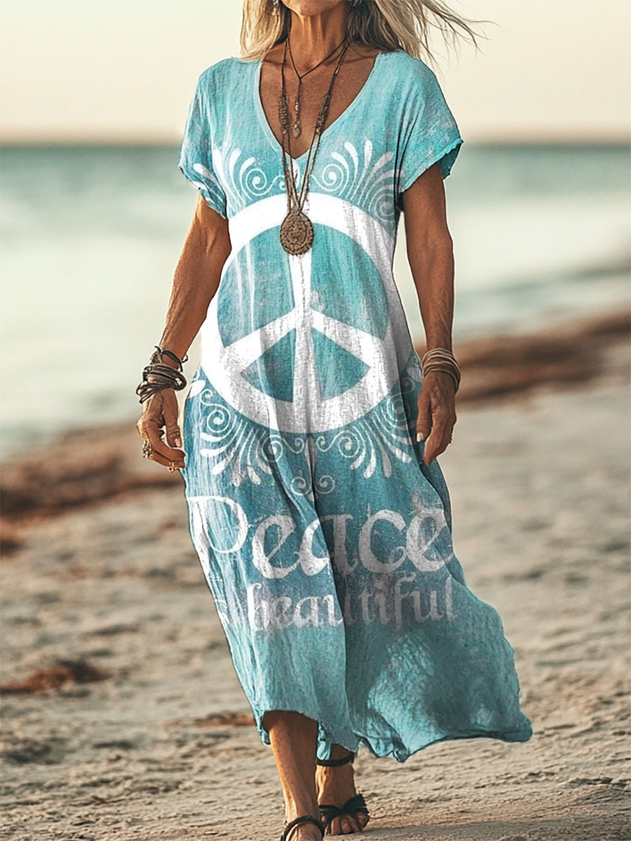 Women's Hippie Peace Is Beautiful Print Short Sleeve Pocket Cotton Lin