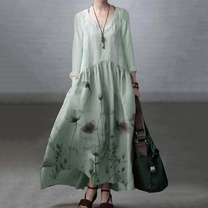 Comstylish Japanese Art Floral Printed Long Sleeve V-neck Midi Dress
