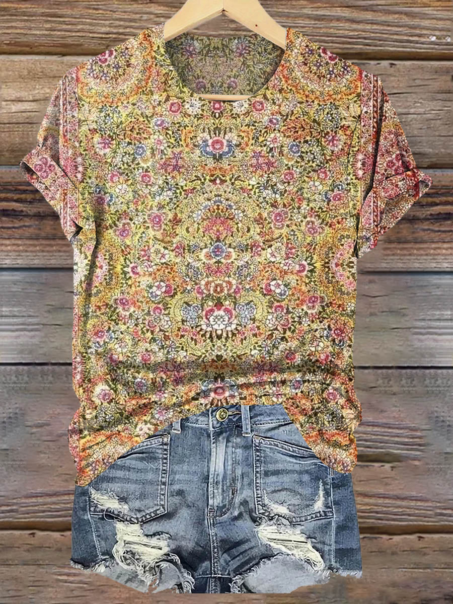 Vintage Ethnic Floral Art Print Casaul Short Sleeve T-shirt