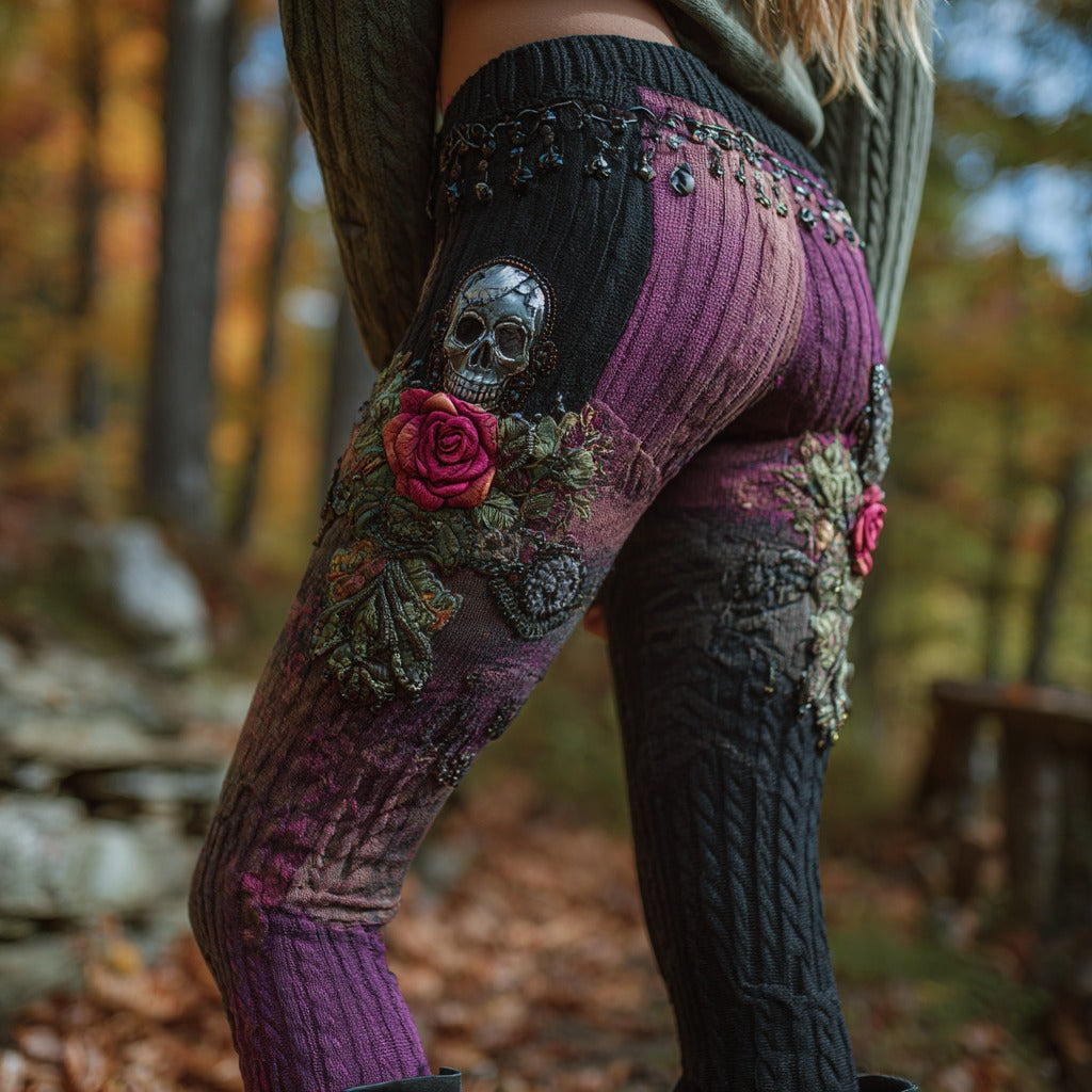 Women's Vintage Sugar Skull And Rose Pattern Comfort Leggings artswardrobe
