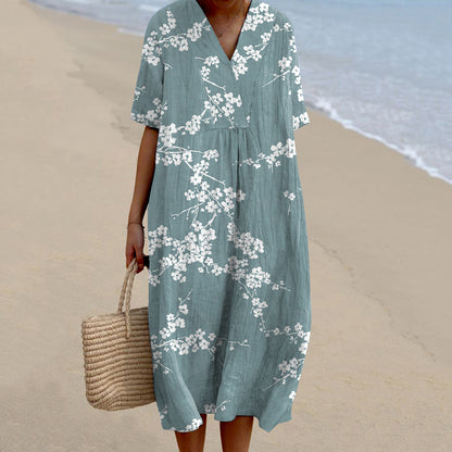 Comstylish Japanese Cherry Blossoms Art  Printed V Neck Casual Midi Dress