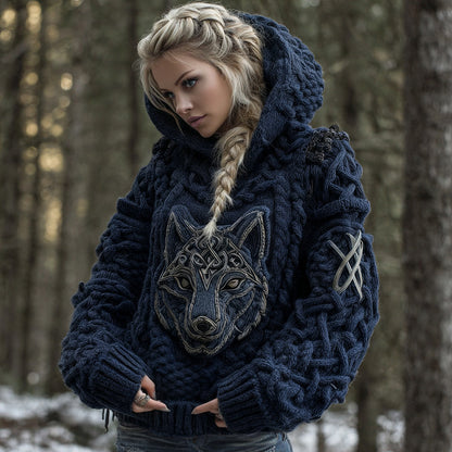 Women's Viking Celtic Wolf Knit Jacquard Warm Hooded Sweater artswardrobe