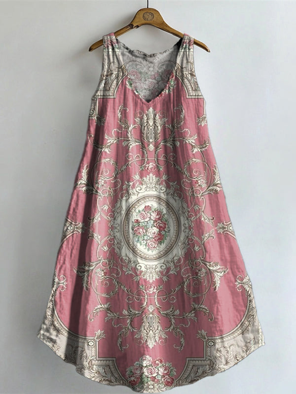 Women's Vintage Ethnic Floral Art Print V-neck Pocket Cotton Dress