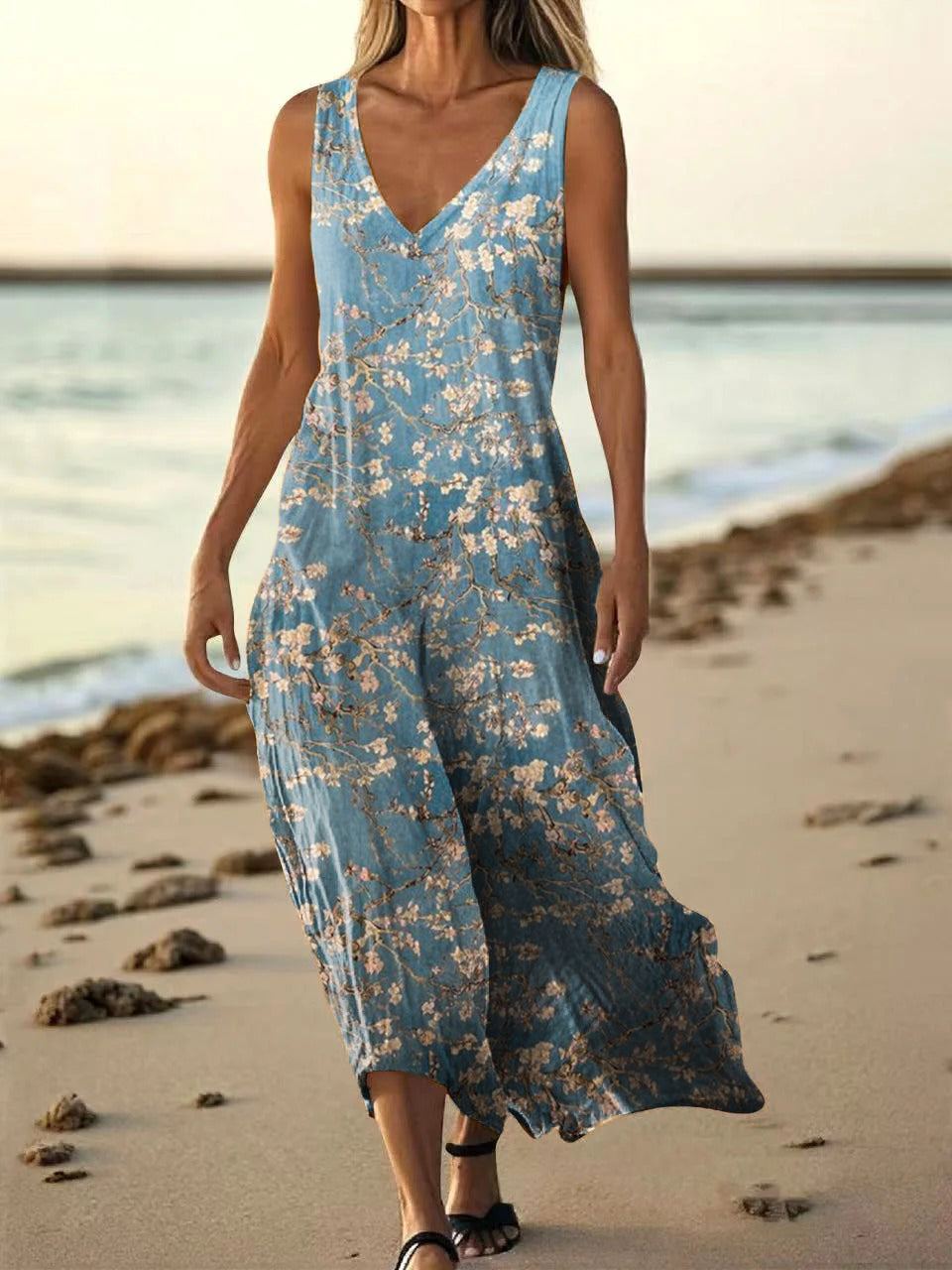 Women's Vintage Floral Art Print Pocket Cotton Dress