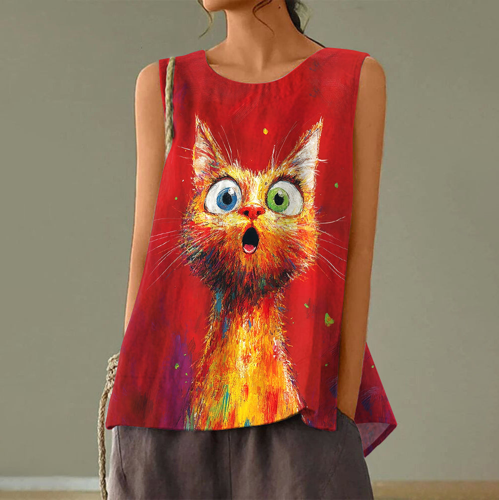 Women's Retro Oil Painting Pop Cat Tank Top elevenforest