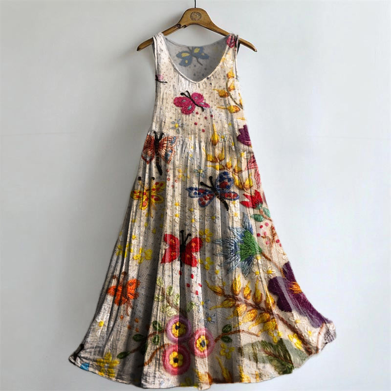 Women's Bohemian Floral Art Print Crew Neck Sleeveless Cotton Pocket D