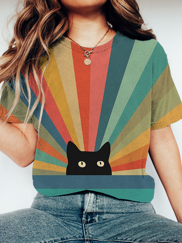 Comstylish Rainbow Cat Print Washed Cotton T-Shirt