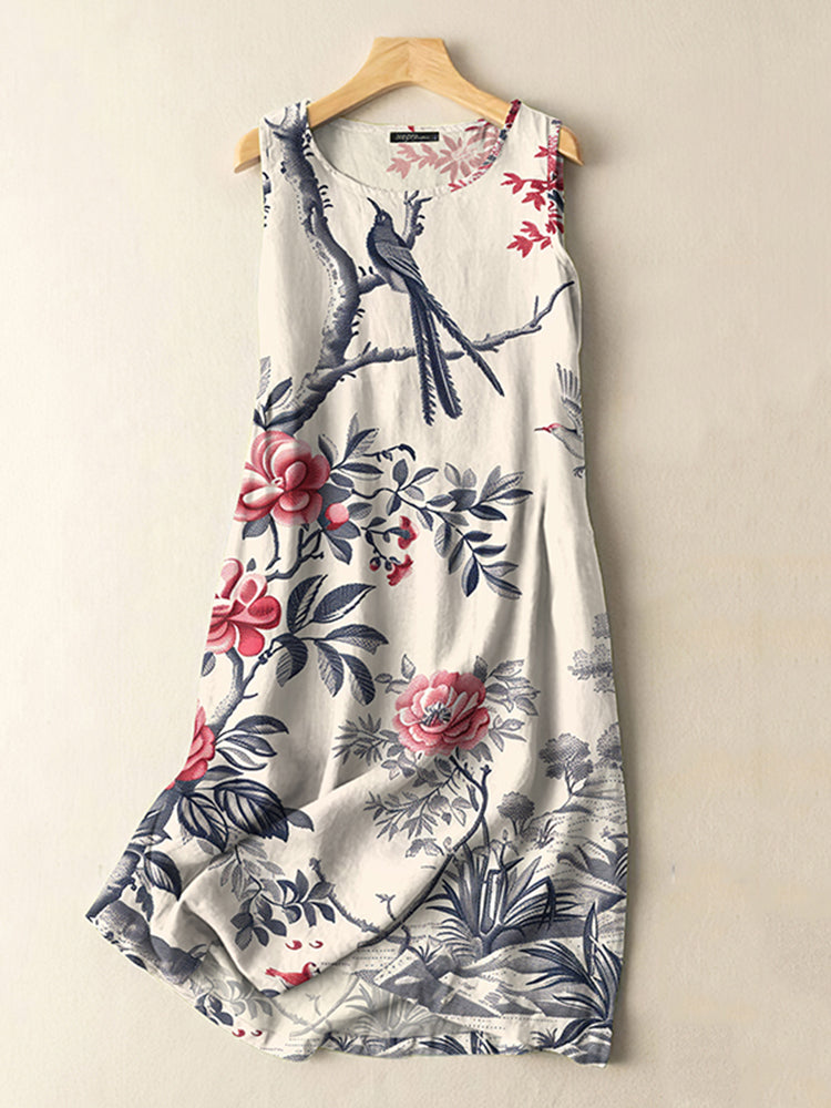 Vintage Japanese Flowers And Birds Print Sleeveless Cotton And Linen M