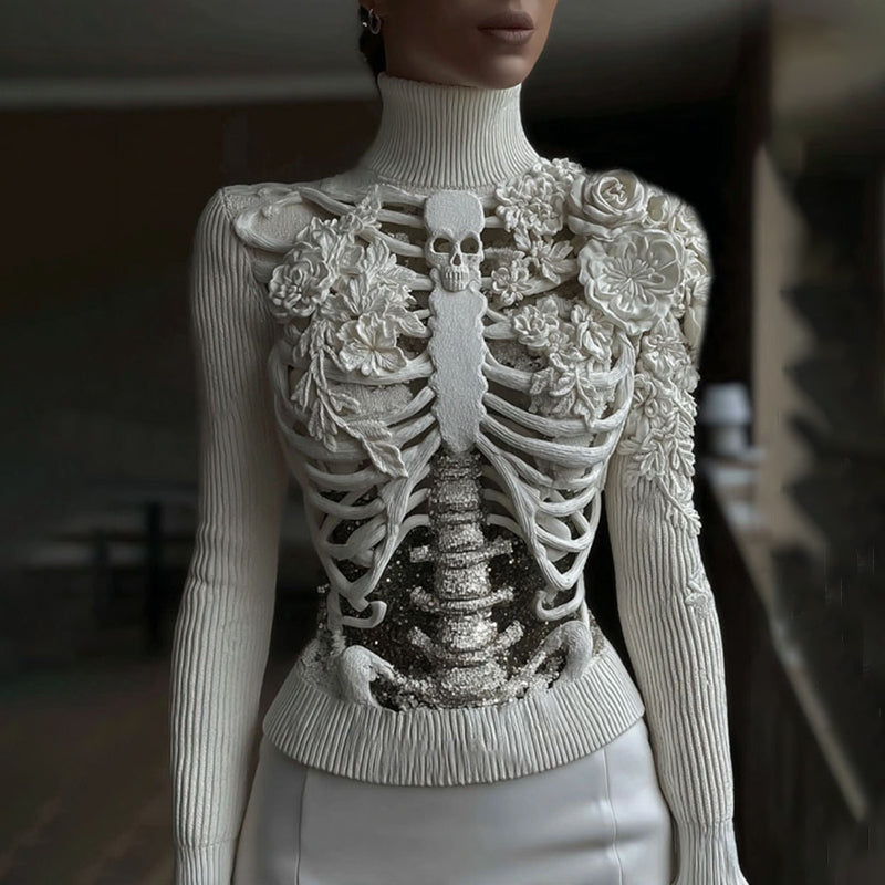 Comstylish Women's Vintage Skeleton Sequins & Floral Art Cozy High Neck Sweater