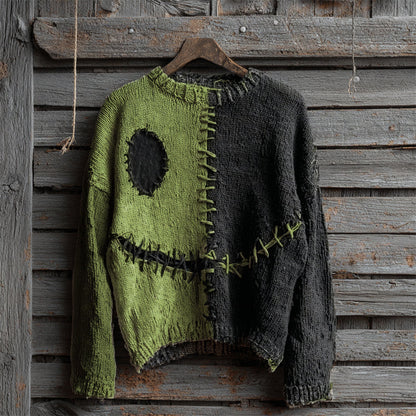Halloween Spooky Face Contrast Stitched Cozy Knit Sweater artswardrobe