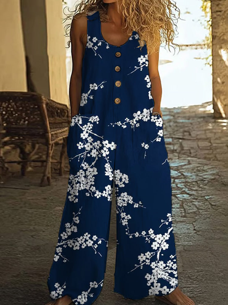 Comstylish Fashionable And Casual Cotton And Linen Floral Art Jumpsuit