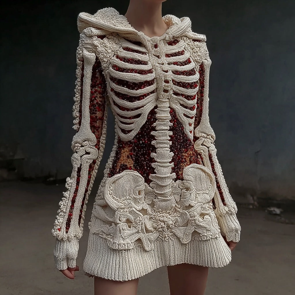 Comstylish Women's Vintage Halloween Skull And Sequin Art Cozy Knitted Hooded Sweater Flared Dress