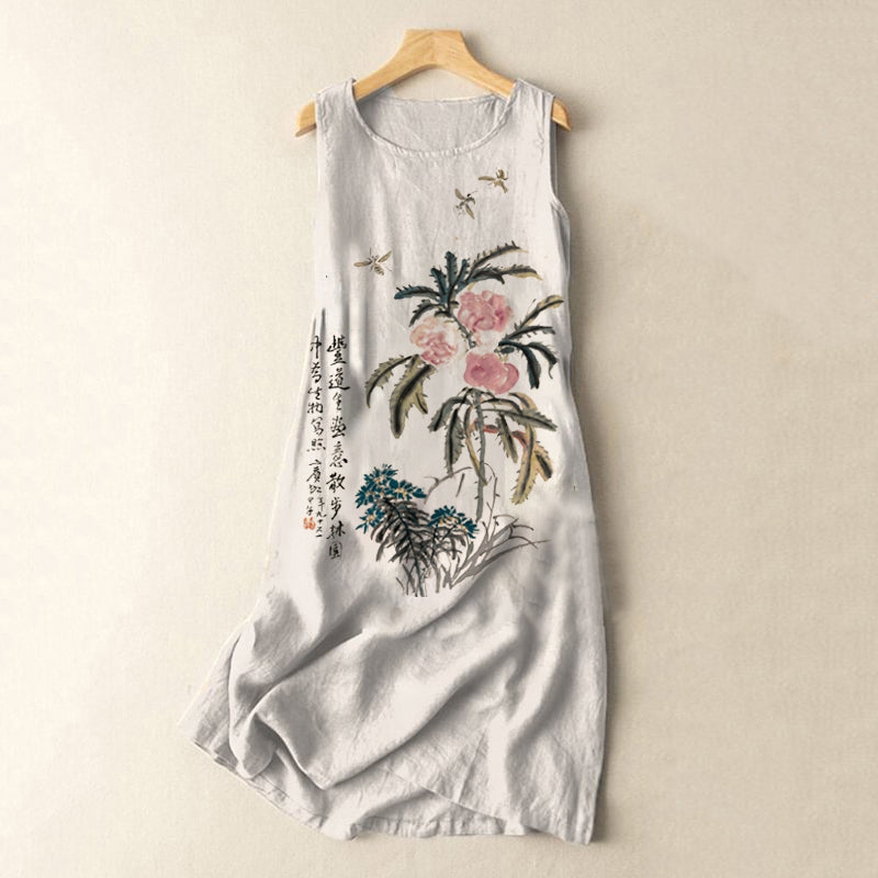 Comstylish Vintage Japanese Ink Flower Butterfly Art Print Sleeveless Cotton And Linen Midi Dress