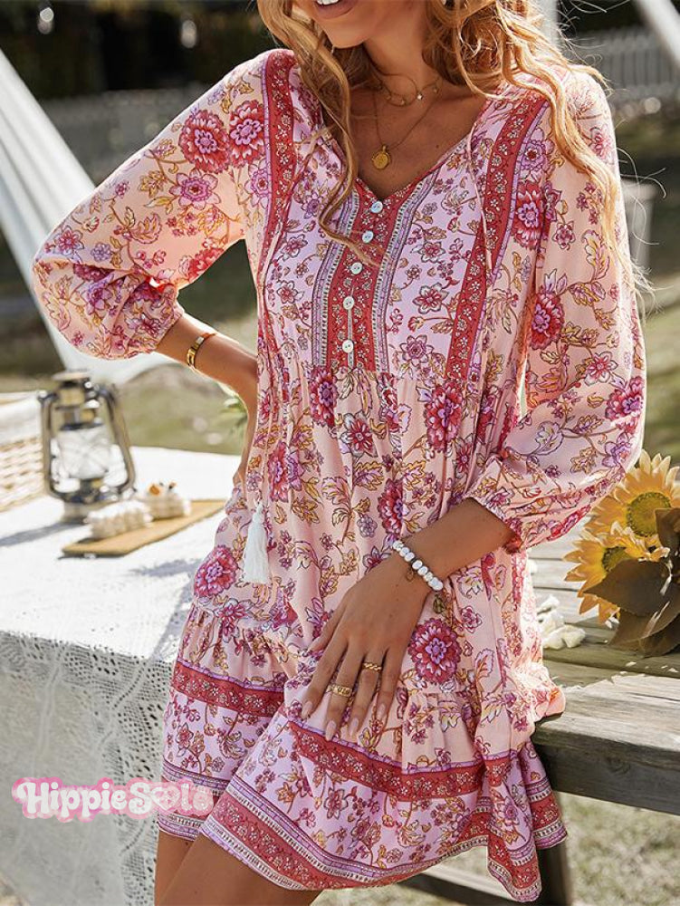 Bohemian Casual Holiday Style V-neck Dress Short Skirt