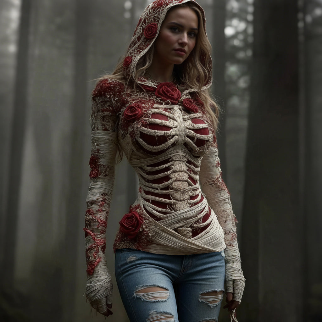 Comstylish Women's Vintage Red Rose Skeleton Art Knit Hooded Sweater