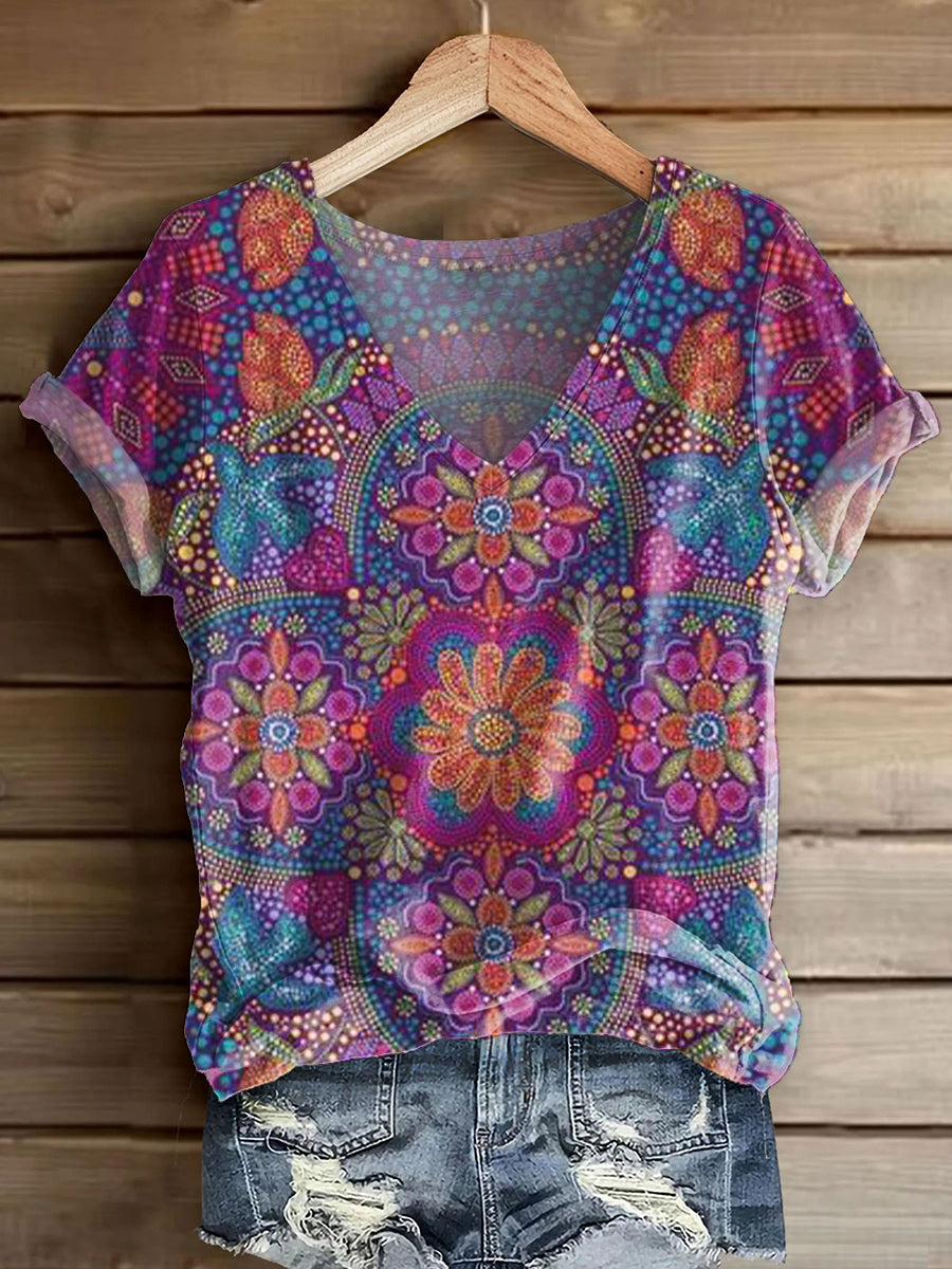 Women's Vintage Bohemian Floral Art Print V-neck Casual T-Shirt