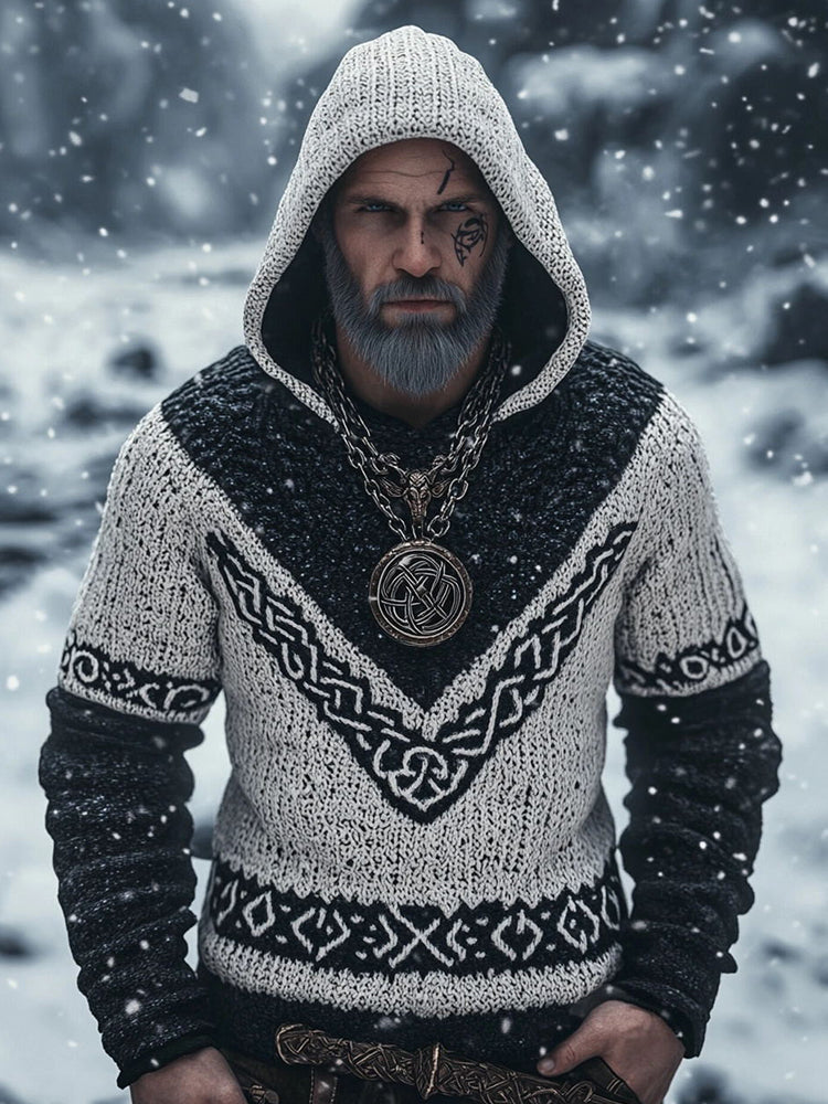 Men's Vintage Viking Contrast Color Cozy Knit Hooded Sweater artswardrobe