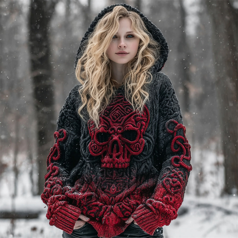 Halloween Skull Gothic Women's Hooded Chunky Knit Sweater artswardrobe