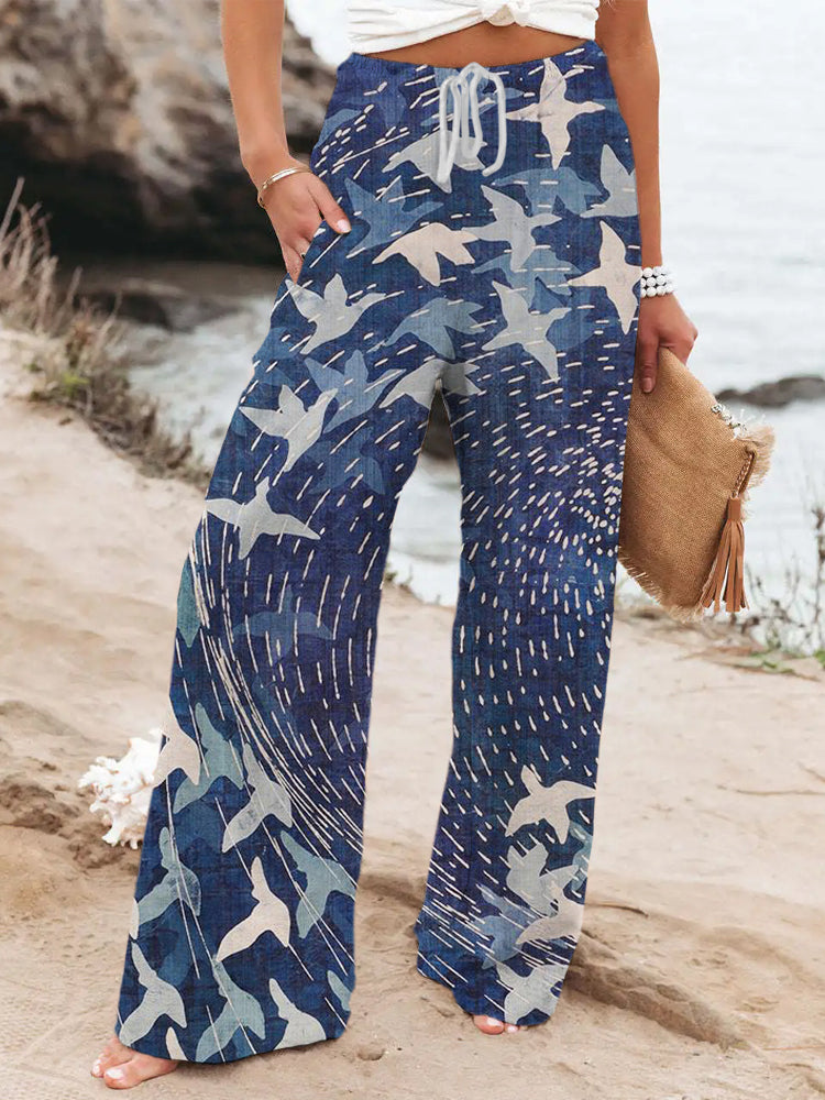 Comstylish Japanese Flying Bird Pattern Women's Linen Trousers