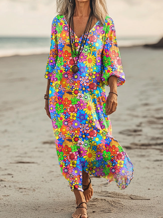 Women's Vintage Floral Art Print Pocket Cotton Dress