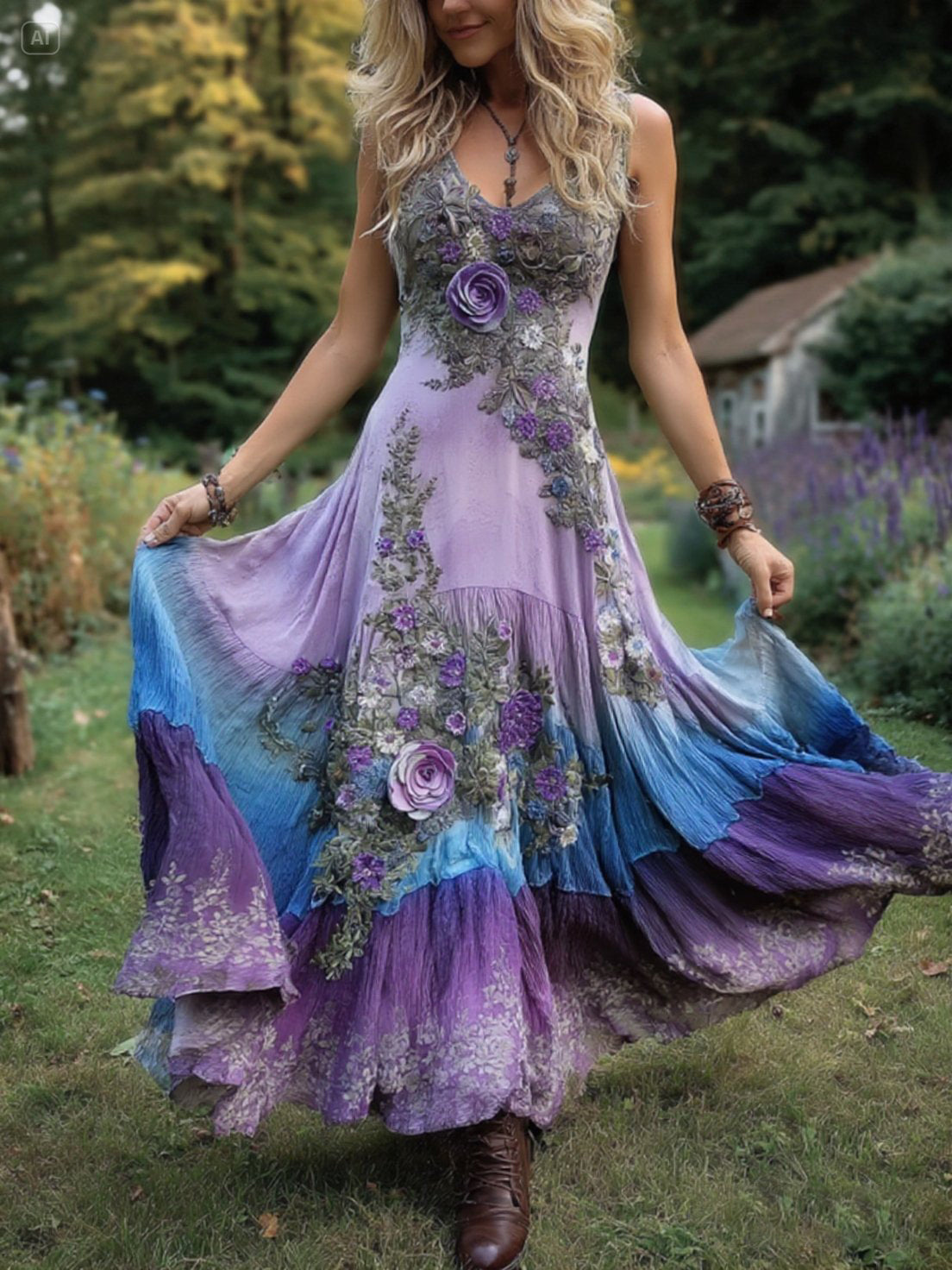 Classy Gradient Purple Lavender And Floral Embroidered Linen Maxi Dress artswardrobe