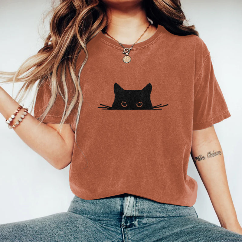 Comstylish Abstract Creative Embroidered Black Cat Art Print T-shirt